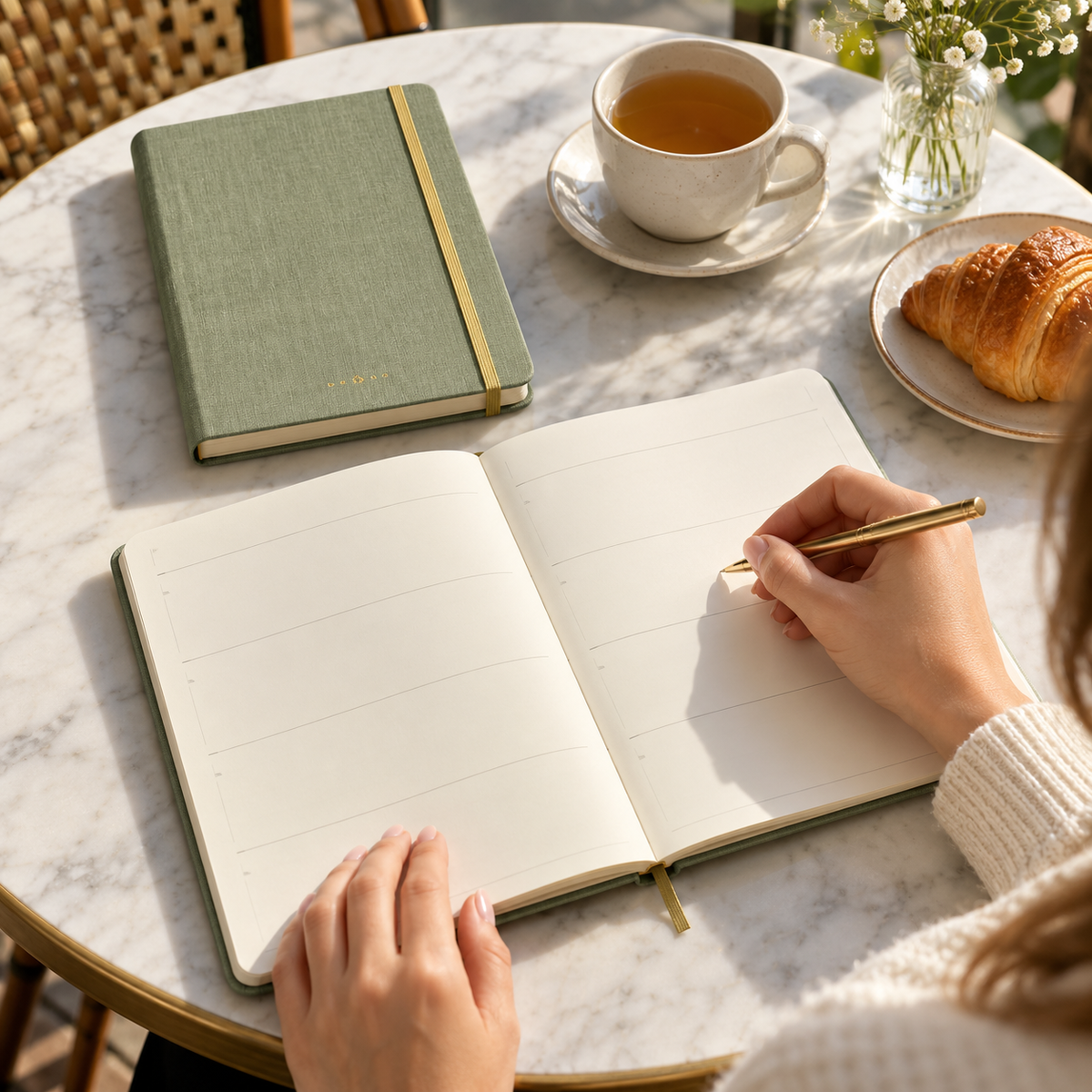 Lifestyle scene of Sage Linen Undated Weekly Planner