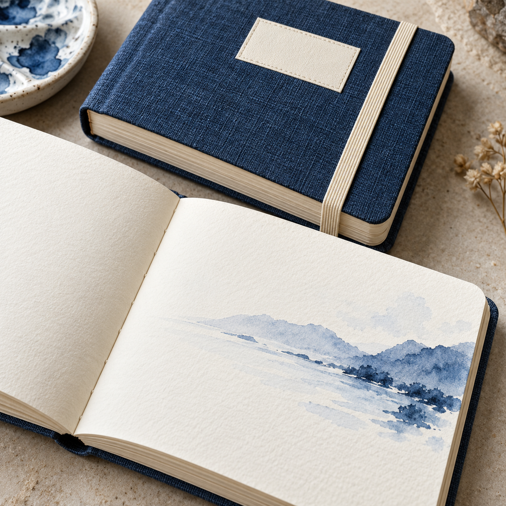 Close-up detail of Indigo Watercolor Travel Journal