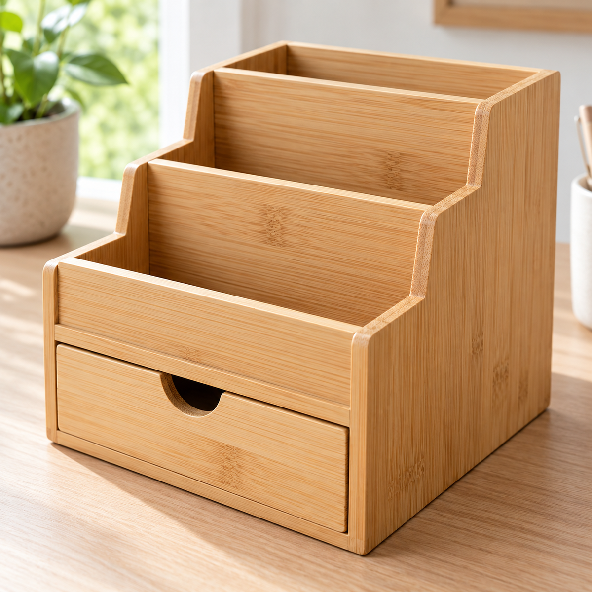 Close-up detail of Three-Tier Bamboo Desktop Organizer